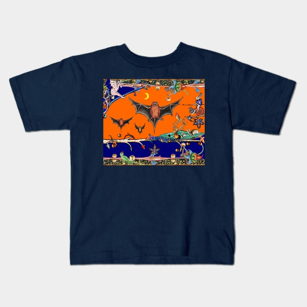 WEIRD MEDIEVAL BESTIARY,FLYING BATS IN NIGHT BLUE ORANGE ,UNICORN,KILLER RABBIT Kids T-Shirt by BulganLumini